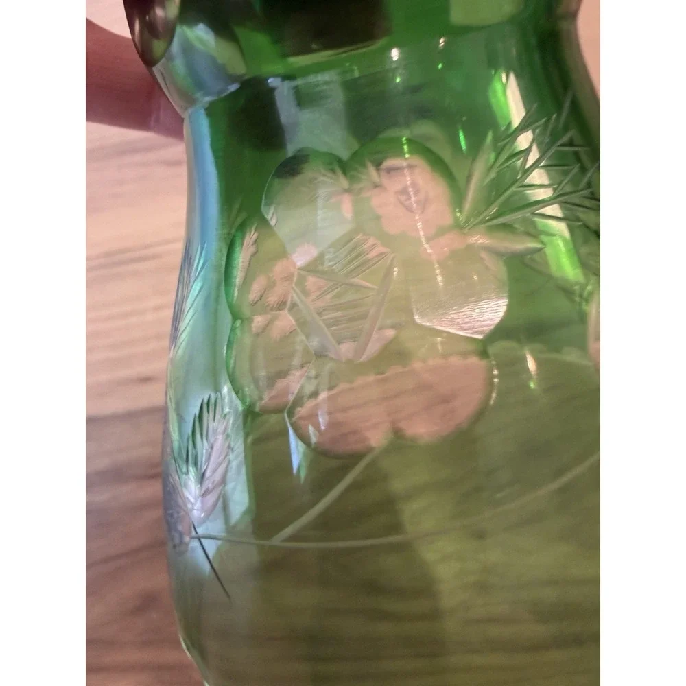 Vintage Emerald Green Cut Crystal Glass Hand Bell Floral Etched Clear Handle
